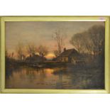 A 19th Century Victorian oil on canvas painting depicting a countryside pond at dusk with a single