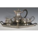 James Dixon- A vintage pewter coffee service consisting of coffee pot having an ebonised handle,