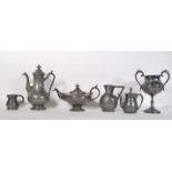 A selection of 19th Century pewter items to include a James Dixon matching teapot and coffee pot,