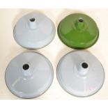 A set of four UFO enamel industrial ceiling lamp / light shades one finished in green with three