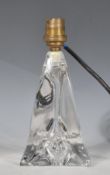 Cristallerie Lorraine France- A 20th Century clear glass table lamp of triangular form having