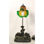 A 20th Century sculptural  table lamp depicting a young girl holding a teddy collecting flowers, set