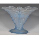 A early 20th century Art Deco french frosted blue glass vase of fanned shape with raised