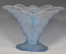 A early 20th century Art Deco french frosted blue glass vase of fanned shape with raised