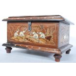 A 20th Century Indian hardwood table / desk top box having decorative inlay panels depicting