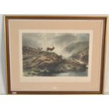 Charles Stuart (19th Century) - A large coloured print depicting deer in a highland scene, marked