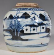 A Chinese Qing dynasty blue and white storage / ginger jar of bulbous form having hand painted