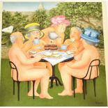 A limited edition Beryl Cook signed print entitled ' Tea In The Garden '. Limited to 650 copies. The