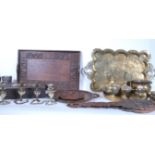 A collection of early 20th Century Indian brass to include a brass tray having a scalloped rim