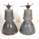 A matching pair of large vintage industrial 20th Century factory black enamel ceiling lights. Each