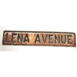 A 20th Century cast iron sign for 'Lena Avenue' having white ground with black lettering border.
