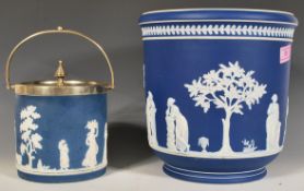 An early 20th Century Adams jasperware blue and white planter jardiniere having raised with