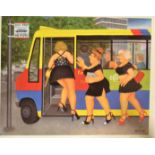 A limited edition Beryl Cook signed print entitled ' Bus Stop  '. Limited to 650 copies. The print