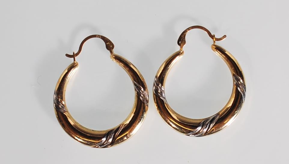 A pair of 9ct yellow and white gold hoop earrings. Stamped 375. Weighs 1g.