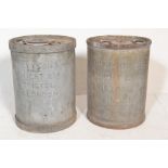 A pair of vintage galvanised advertising  storage drum with handle to top, reading to the front in