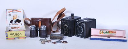 A collection of vintage items to include a Box Brownie, opera glasses, ladies watch, Gents watch,