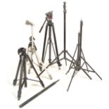 A collection of camera tripods of varying size and makes to include Manfrotto 117B with Bridging