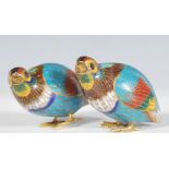 A pair of 20th Century cloisonne ornament figurines in the form of quail birds, enamelled with