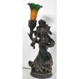 A 20th Century composite figural table lamp of a classical female holding aloft a cornucopia mottled