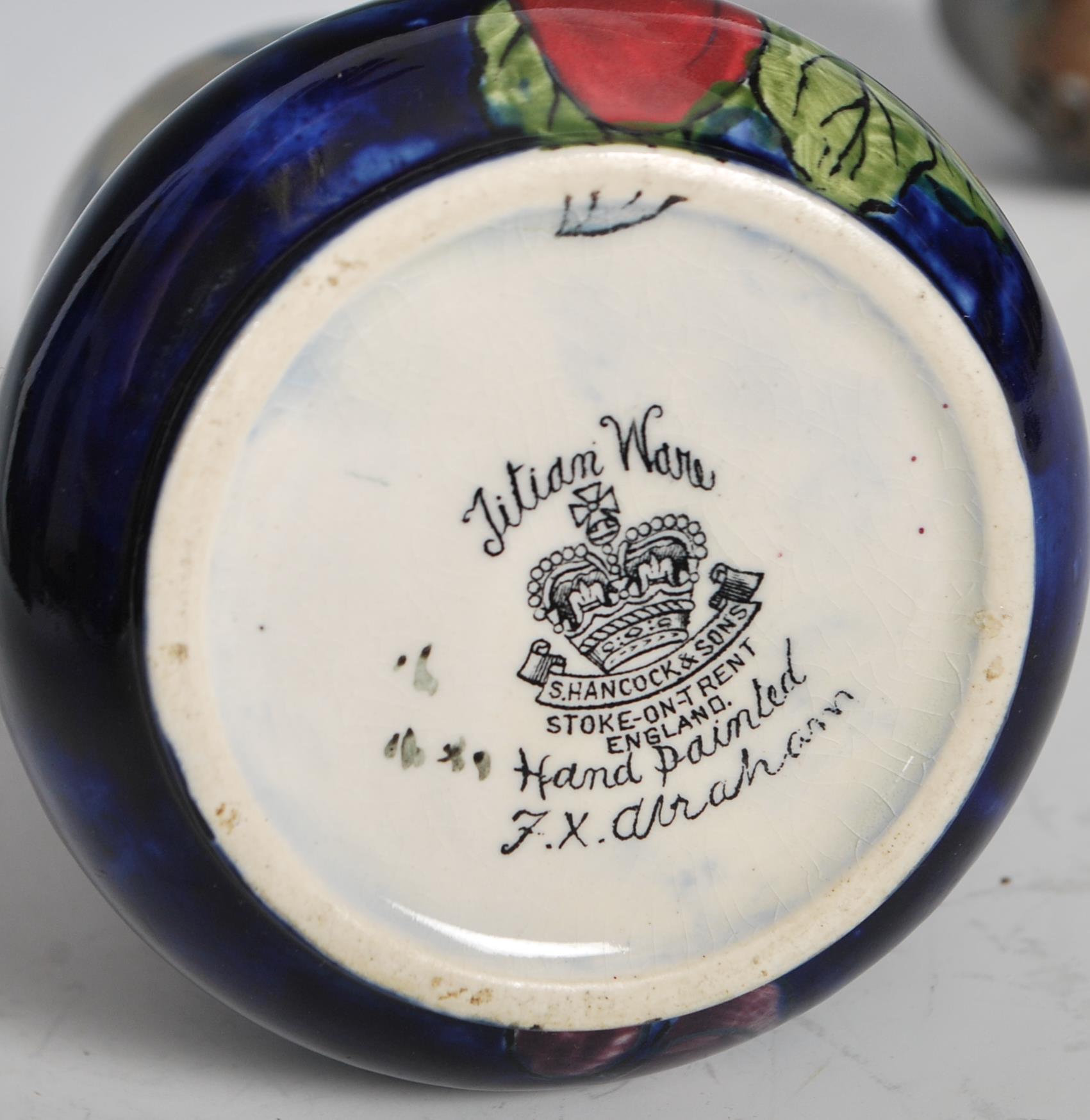 An early 20th Century Art Deco hand painted Hancocks and Sons Titian Ware sugar shaker, grape and - Image 7 of 7