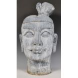A 20th Century ornamental composite garden statue head depicting a Chinese warrior with raised