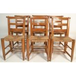 A set of 6 Victorian 19th century country beech wood chapel chairs. Raised on turned legs with