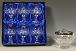 A set of six Bohemia crystal cut glass wine glasses in their original box together with a Stuart