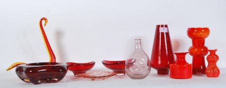 A selection of 20th century vintage studio art ruby and red glass to include a pair of triangular