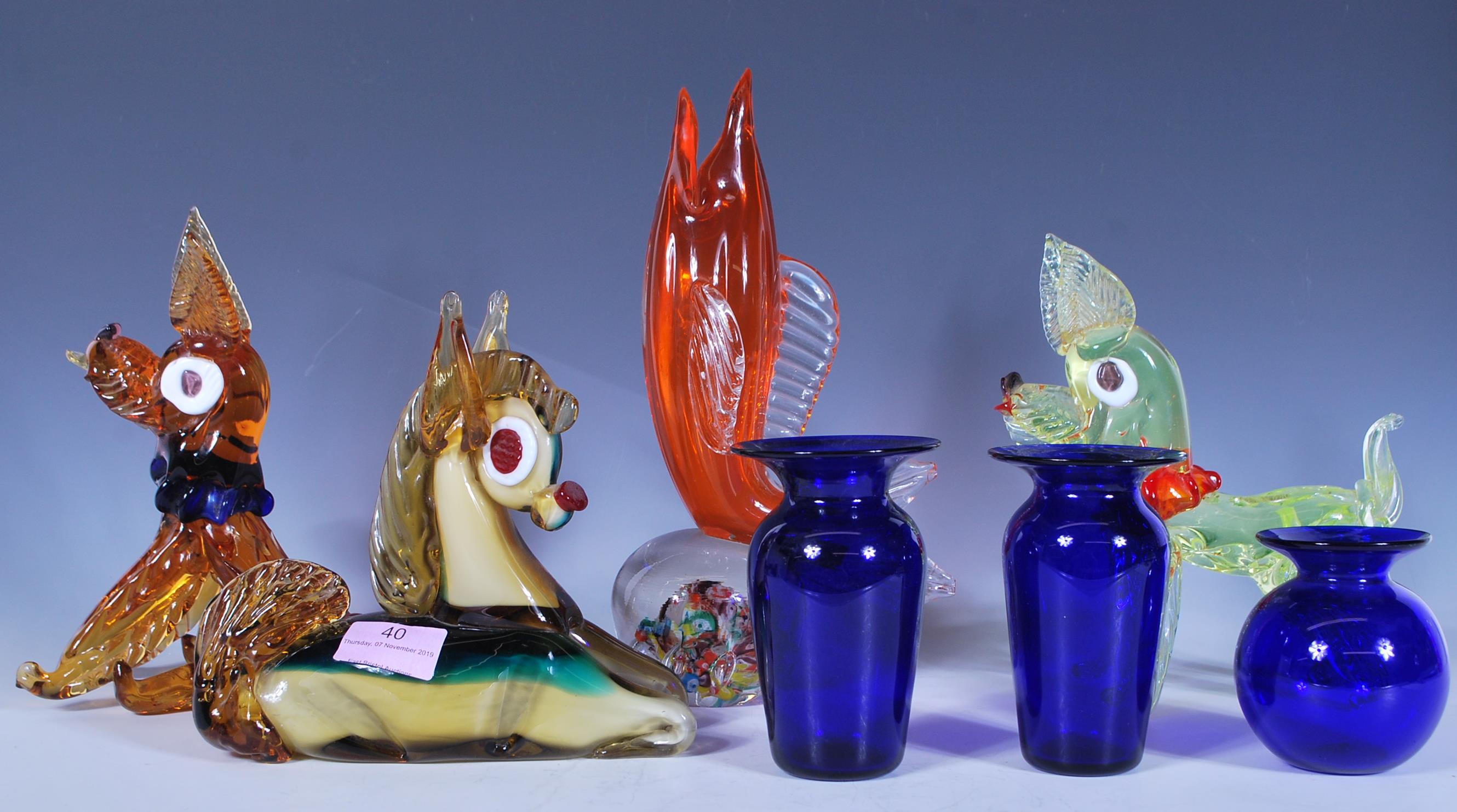 A collection of vintage retro 20th Century studio glass figurines by Murano modelled as animals to