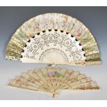 A 19th Century Georgian era bone and paper pique work fan. The fan having transfer printed scene