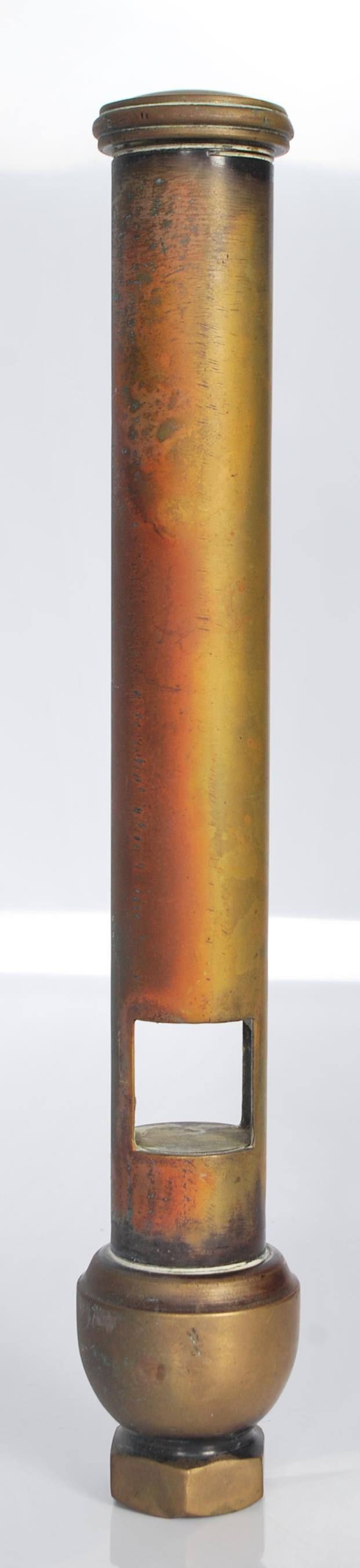 A vintage 20th Century brass / bronze train steam whistle of cylindrical form together with a - Image 5 of 6