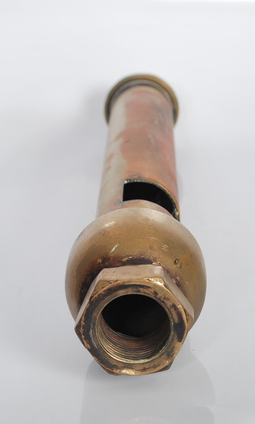 A vintage 20th Century brass / bronze train steam whistle of cylindrical form together with a - Image 6 of 6