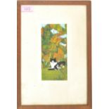 Anthea Lewis- A mid 20th Century painting depicting a cat amongst autumn leaves entitled 'Black