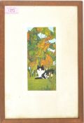 Anthea Lewis- A mid 20th Century painting depicting a cat amongst autumn leaves entitled 'Black