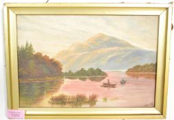 An early 20th Century oil on canvas painting depicting two figures rowing on a lake with a