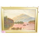 An early 20th Century oil on canvas painting depicting two figures rowing on a lake with a
