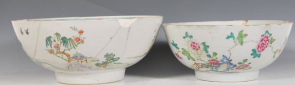 Two 18th Century Chinese footed centrepiece bowls to include a large bowl hand enamelled with pagoda