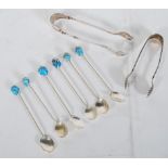 A set of six 20th Century silver coffee spoons having twist design stems with turquoise fragments