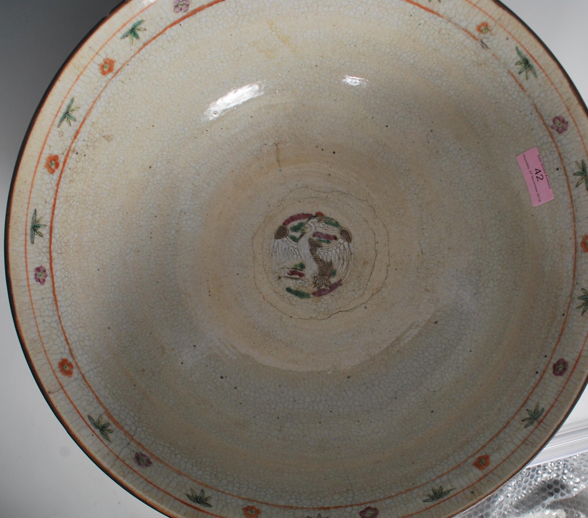 A large 19th Century Chinese crackle glazed pedestal punch bowl decorated with peony and bird in - Image 5 of 7