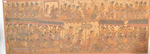 A large Indonesian believed early 20th century screen print on fabric diorama scene of a court scene