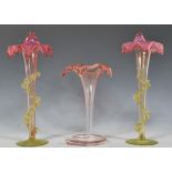 A matching pair of 19th Century Victorian era glass spill vases having pink leaf like rims with