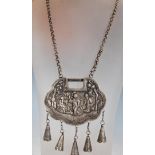 A 19th / 20th Century Chinese silver white metal lock charm pendant necklace traditionally worn by