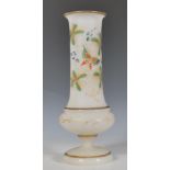 A 19th Century Victorian Bristol milk glass pedestal vase, gilt rim and detailing, the slender