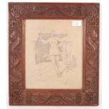 WWI SKETCH OF A SOLDIER STICKS IN ORNATE CARVED FRAME