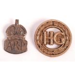 RARE WWII HOME GUARD ECONOMY PLASTIC BADGE & ARP BADGE