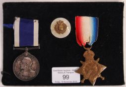 WWI FIRST WORLD WAR MEDAL PAIR & BADGE - ROYAL MARINES