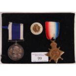 WWI FIRST WORLD WAR MEDAL PAIR & BADGE - ROYAL MARINES