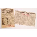 THE GREAT TRAIN ROBBERY - RONNIE BIGGS AUTOGRAPHED CUTTINGS