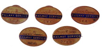 COLLECTION OF 5X ENAMEL AND BRASS WWII RAILWAY SERVICE BADGES