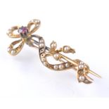 18CT GOLD RUBY AND SEED PEARL STICK PIN BROOCH